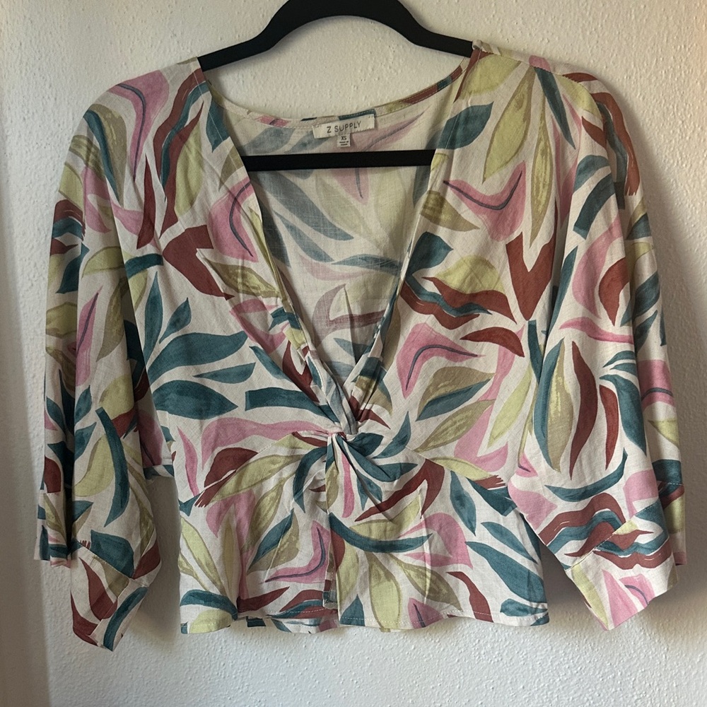 Z Supply Multicolor Twist-Front V-Neck Blouse - Pink, Green, Blue, Rust